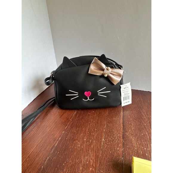 Chateau Handbags - Chateau Black Cat Face Crossbody Bag Rose Gold Bow Pearl Novelty Purse NWT